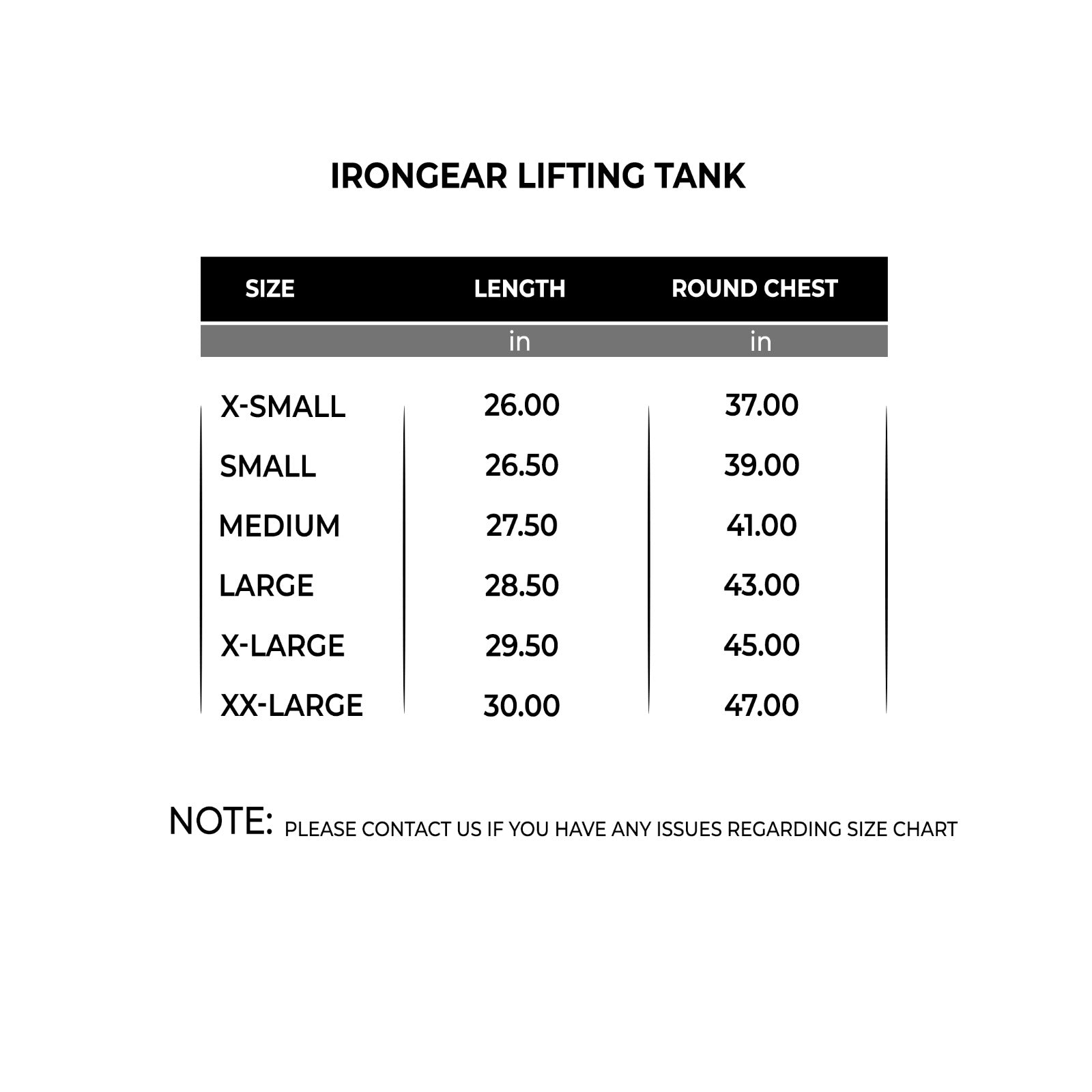 Size chart for IRONGEAR Lifting Tank - W